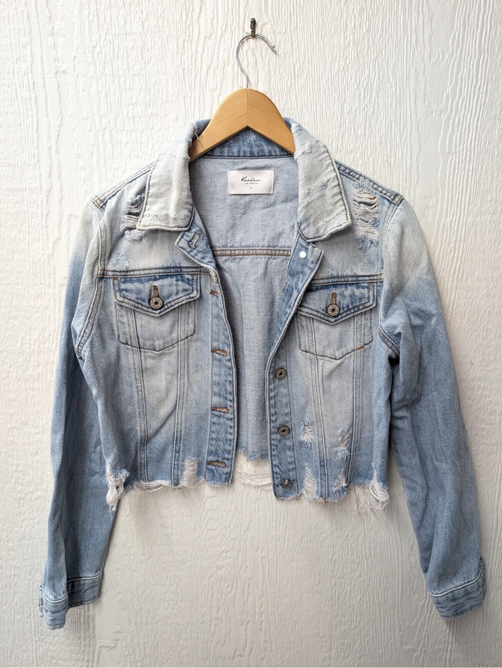 KanCan Distressed Cropped Denim Raw Hem Jacket Western Boho Size Medium